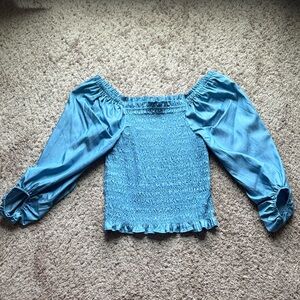 Elegant Blue Smocked Blouse with Puff Sleeves